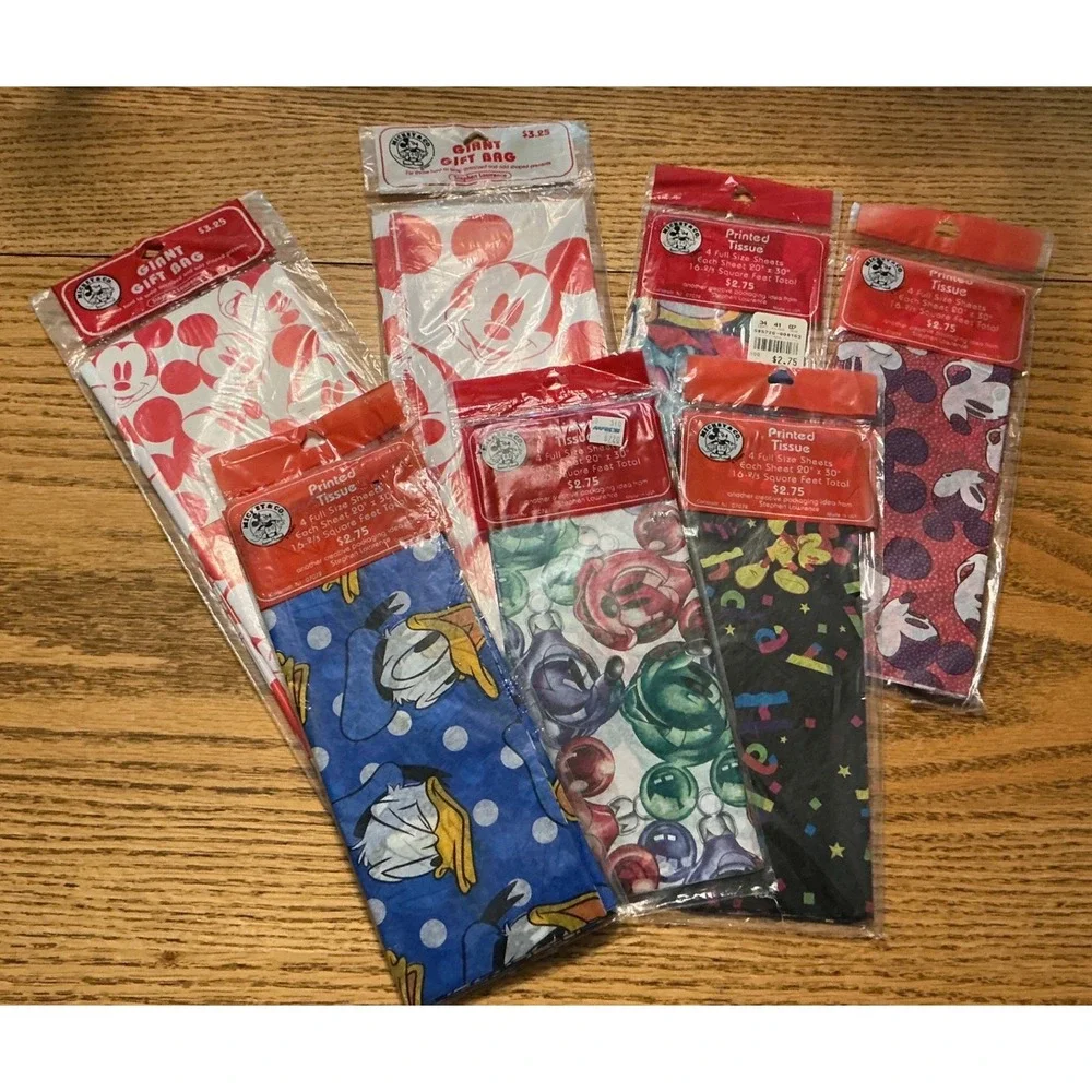 Vintage Disney Mickey Mouse Donald Duck Giant Gift Bags Printed Tissue Paper Lot